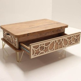 Resim Akıllı Açılabilir Sehpa 3 Kademeli Çekmeceli Gold Metal Ayaklı Çam 