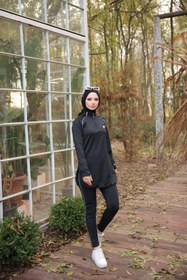 Resim MiMi Moda Kadın Dalgıç Kumaş Yarım Patlı Fermuarlı Jogger Eşofman Spor Takımı - Fume / 2XL 