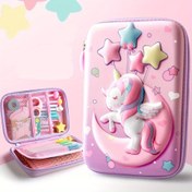 Resim 1 adet Ay Unicorn Kalem Kırtasiye Kutusu Çok Fonksiyonlu Çift Katmanlı Büyük Kapasiteli Kalem Çantası Hediye Malzemeleri 