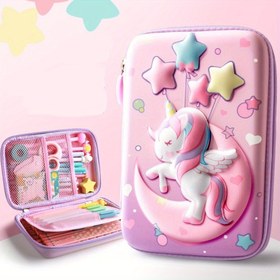 Resim 1 adet Ay Unicorn Kalem Kırtasiye Kutusu Çok Fonksiyonlu Çift Katmanlı Büyük Kapasiteli Kalem Çantası Hediye Malzemeleri 