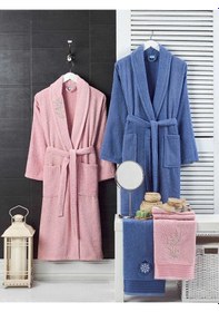 Resim 4 Parça Aile Bornoz Seti Kadın Erkek Havlulu Bornoz Takımı 100 Lacivert Pembe 001 