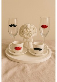 Resim El Yapımı Dekoratif Kahve Ve Kadeh Sunum Seti Gül Buket Taş Figürlü Tepsili Set 