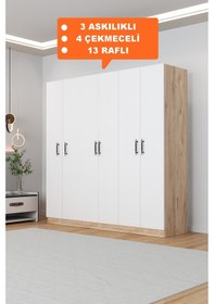 Resim Ae-2115 Kale Sonomo/beyaz Gardırop 6 Kapaklı, 4 Çekmeceli 
