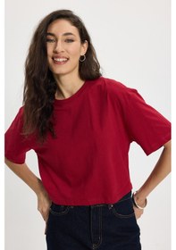 Resim Tudors Kadın Slim Fit Dar Kesim Pamuk Kısa Kollu Bisiklet Yaka Bordo Crop Tişört-50468 L 