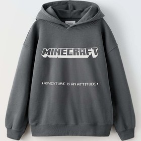 Resim Erkek Çocuk Mınecraft Modelli Pamuk Kapşonlu Sweat Füme 