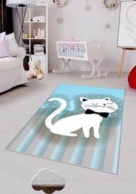 Resim Pelangi Mavi Kedi Desenli Yıkanabilir Kaymaz Taban Leke Tutmazbebek Ve Çocuk Odası Halısı, Gri-Mavi 80 x 150, 90135702380150 