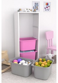 Resim Cara 4 Derin Sepetli Çok Amaçlı Oyuncak Dolabı Pembe Gri Beyaz - Pembe 