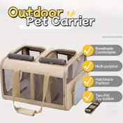 Resim Çift Bölmeli Ayrılabilir, Fermuarlı Kapatma, İki Kedi İçin Taşınabilir Açık Hava Seyahat Çantası, Çıkarılabilir Tasma Dahil Ekstra Büyük Nefes Alabilir Polyester Evcil Hayvan Taşıyıcısı 