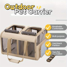 Resim Çift Bölmeli Ayrılabilir, Fermuarlı Kapatma, İki Kedi İçin Taşınabilir Açık Hava Seyahat Çantası, Çıkarılabilir Tasma Dahil Ekstra Büyük Nefes Alabilir Polyester Evcil Hayvan Taşıyıcısı 