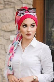 Resim Aişe tesettür Fuşya Çiçek Desen Fularlı Bone 