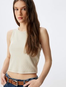 Resim Basic Crop Atlet Bisiklet Yaka Fitilli Pamuklu Slim Fit 