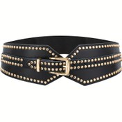 Resim Kadın Geniş Lastikli Punk İşlemeli Kemer - Kalın Dolgu, Altın Tonlu Tokalı, Yıkanmaz Sentetik Malzemeden, Partiler, Düğünler, Günlük Giyim için Esnek Bel Bandı - Retro Vintage Lastikli Kemer, Parti Aksesuarı, Sokak Stili, Dayanıklı Aksesuar, bel kemeri, kemer vintage 