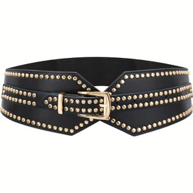 Resim Kadın Geniş Lastikli Punk İşlemeli Kemer - Kalın Dolgu, Altın Tonlu Tokalı, Yıkanmaz Sentetik Malzemeden, Partiler, Düğünler, Günlük Giyim için Esnek Bel Bandı - Retro Vintage Lastikli Kemer, Parti Aksesuarı, Sokak Stili, Dayanıklı Aksesuar, bel kemeri, kemer vintage 