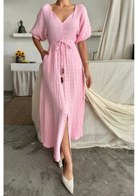 Resim Defymoda V Yaka Bel Boncuk Bağlamalı Müslin Elbise Yırtmaç Detaylı - Pembe Pembe 