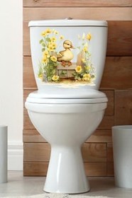 Resim Sevimli Ördekler ve Renkli Çiçekler Klozet Sticker Banyo Sticker 