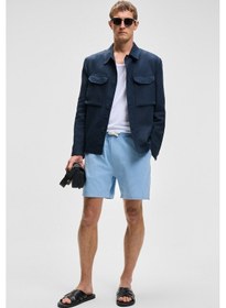 Resim Grimelange LEYTON Erkek Relaxed Fit Çift Cepli Beli Lastikli Keten Karışımlı Dokuma Mavi Şort & Bermuda 