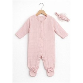 Resim Kardeşler Bebe Fiyonk Ve Dantel Detaylı Çıkarılabilir Yaka Kız Bebek Patikli Tulum + Saç Bandı Pembe 