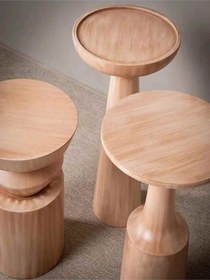 Resim Naturel Renk Masif Ahşap Mantar Sehpa 3 Lü Set Yan Sehpa Bej 