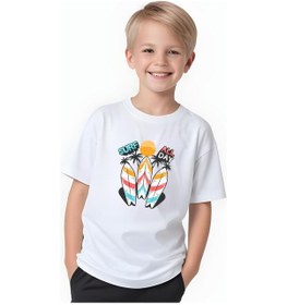 Resim Fyk Kids Erkek Çocuk Yuvarlak Yaka Surf All Day Baskılı T-shirt Beyaz 