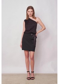 Resim Kadın Tek Omuz Bağcıklı Likralı Kumaş Şık Diz Üstü Elbise-siyah Siyah 