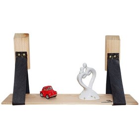 Resim Doğal Ahşap Duvar Deri Kemerli Raf Kitaplık Süs rafı 50cm 