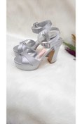 Resim HAVVA SHOES Gümüş Saten Kalın Topuklu Platform 12 Cm Abiye Ayakkabı 