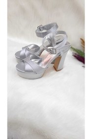 Resim HAVVA SHOES Gümüş Saten Kalın Topuklu Platform 12 Cm Abiye Ayakkabı 