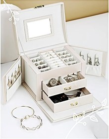 Resim Lüks 3 Katlı Mücevher Kutusu, Krem Rengi, Aynalı, Çekmeceli, Takı Organizatörü, 18x14x12 cm, Yüzük, Küpe, Kolye Bölmeli 