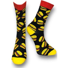 Resim Me-vo Tekli Siyah Renkli Unisex Esnek Nem Alabilen Pamuklu Hamburger Desenli Soket Çorap Siyah 