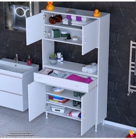 Resim Modilayn Arda Banyo Dolabı 90x173x32,5cm 1 Çekmece 4 Kapak Ve 7 Raflı İhtiyaca Uygun Kolay Kurulum Beyaz 