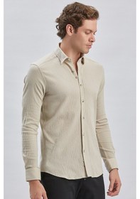 Resim İmza Erkek Uzun Kollu Biritli Yaka Biyeli Likralı Casual Slim Fit Dar Kesim Gömlek 1004240232-bej Bej 