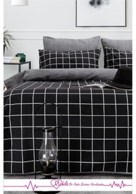 Resim Tek Kişilik Lüks Pamuklu Nevresim Seti Siyah Kare Desen Çok Renkli 