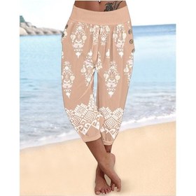 Resim Kadın Beli Lastikli Etnik Desenli Kapri Süprem Pantolon Pembe 