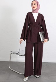 Resim MODAQU Kemerli Kimono Pantolon İkili Takım - Mürdüm 
