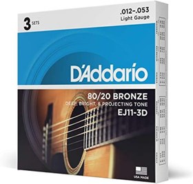 Resim D'Addario çelik telli akustik gitar, DÜNYANIN EN POPÜLER MARKASI'NDAN EN YÜKSEK KALİTE, EJ11-3D, 80/20 Bronz, Işık (12-53), 3 paket 