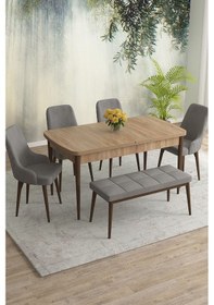 Resim Meri Serisi 80x132 Açılabilir Mdf Meşe Masa Takımı 4 Krem Sandalye 1 Bench Kahve Ayak Gri 