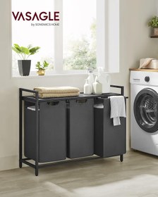 Resim VASAGLE Çamaşır Sepeti 3 Bölmeli, Raflı Çamaşır Sepeti, Çamaşır Kutusu, Oxford Kumaştan Çekilebilir Çamaşır Torbası Çıkarılabilir, Metal Çerçeve, 3 x 38 L, 92,5 x 33 x 72 cm, Siyah-Gri BLH301G01 