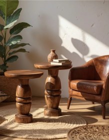 Resim AYLESA Doğal Ahşap 2’li Set Mantar Yan Sehpa Modern Fiskos Zigon Çiçeklik 