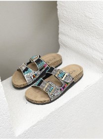 Resim 25y102-2 Çift Tokalı Taşlı Mantar Taban Terlik Kadın Siyah 