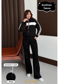 Resim Kadın Eşofman Takımı Hırkalı Fermuarlı Mevsimlik 3 İplik Kışlık Alt-üst Takım Siyah 