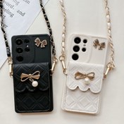 Resim Bowknot Pearl Diamond Kart Tutucu Cep Telefon Kılıfı Sansung S24 S23 S22 S21+ PLUS ULTRA FE A55 A54 A15 A35 Messenger Lanyard Tam Kılıf Yumuşak Kabuk Düşme Şok Emici Koruyucu Kılıf 