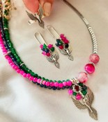 Resim Doğaltaş Gümüş Anka Kuşu Pembe Agat Yeşim Kuvars Taşlı Set 