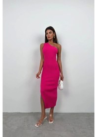 Resim Tek Omuz Yırtmaçlı Elbise Fuşya 