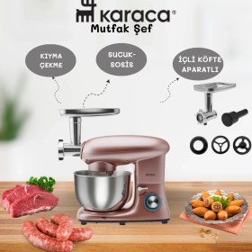 Resim Karaca Multichef Stand Mikser 6 Kademeli Hız Ayarı Balon Çırpıcı Düz Karıştırıcı Hamur Kancası Mutfak Şefi 1900W 5,5 Lt (Kıyma Çekme /sucuk-Sosis/içli Köfte Aparatlı) 