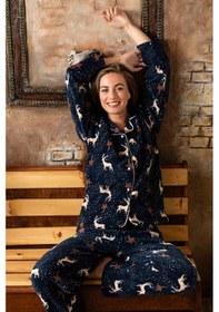 Resim Nisanca Kışlık Yılbaşı Desenli Kadın Gömlek Polar Pijama Takımı- Geyikli Yılbaşı Pijaması Lacivert 
