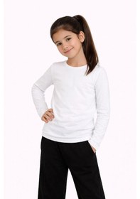 Resim Kız Çocuk Basic Uzun Kollu Tişört Okul Günlük Rahat T-shirt - Beyaz - Çok Renkli 