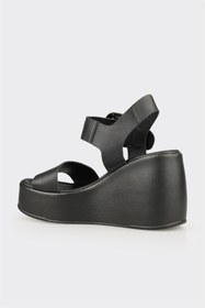 Resim Elle Shoes Siyah Deri Kadın Dolgu Topuk Sandalet 
