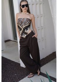 Resim Çift Pileli Bol Paça Pantolon Kahverengi 