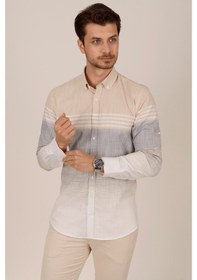 Resim Panolu Erkek Bej Gri Slimfit Keten Gömlek Bej 