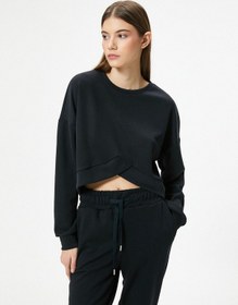 Resim Koton Modal Kumaş Crop Spor Sweatshirt Asimetrik Kesim Bisiklet Yaka Uzun Kollu Siyah 4sak10014nk Siyah 